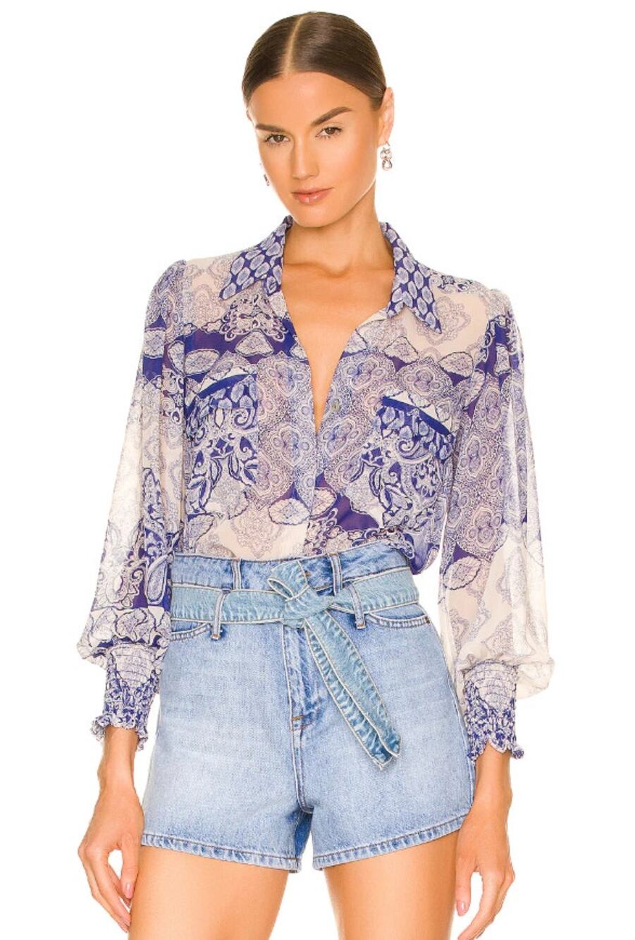 Misa Los Angeles Nora Blouse Blue Tan Geometric Pattern Sheer Button Down Medium